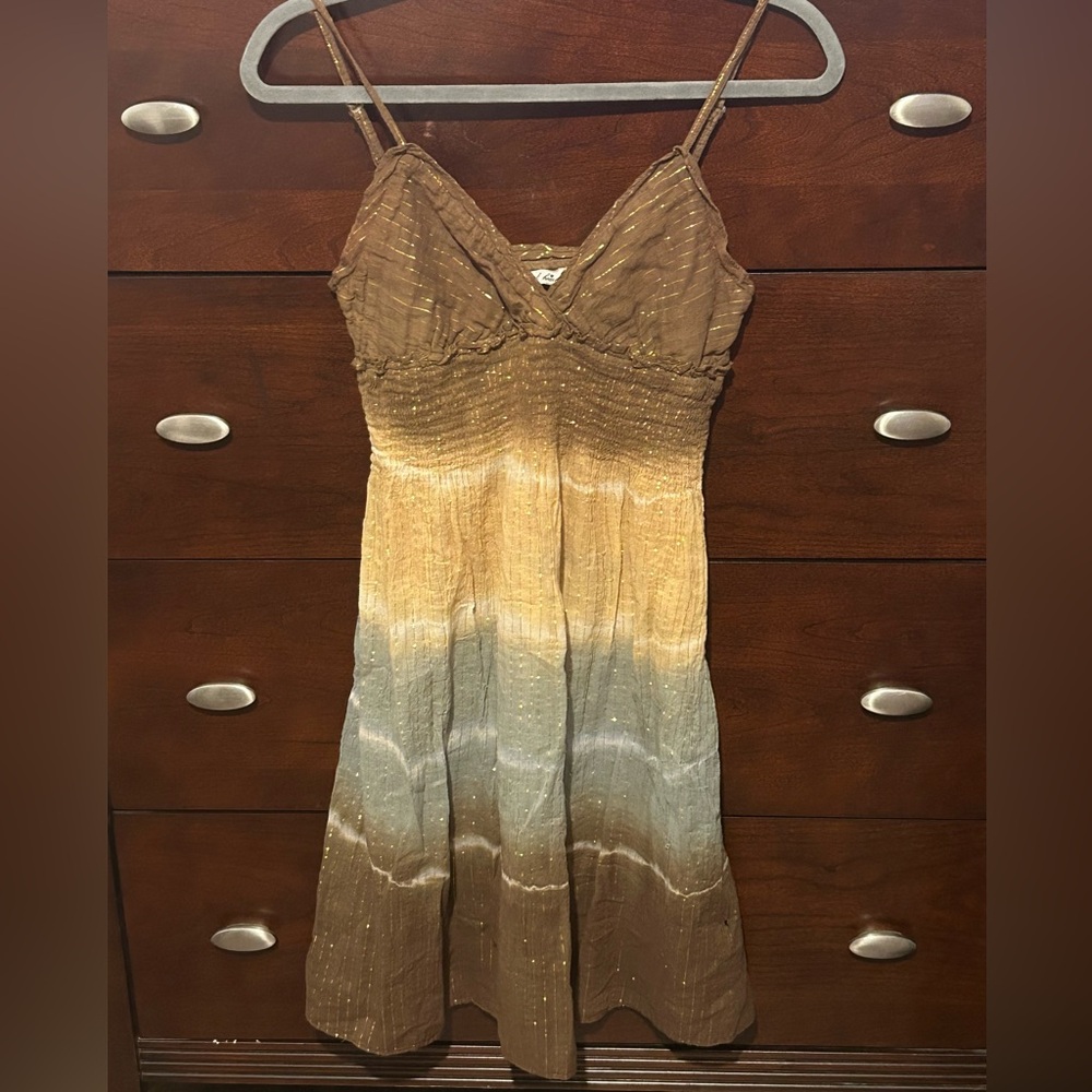 Brown and Tan Sleeveless Sundress with Spaghetti Straps